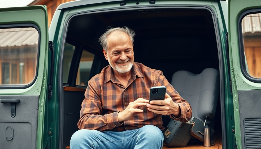 Relaxed man in green jacket using phone at van, Xero Melio Acquisition.