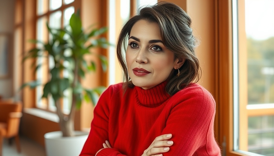 Confident woman in red sweater posing for magazine cover, efficient service customer experience