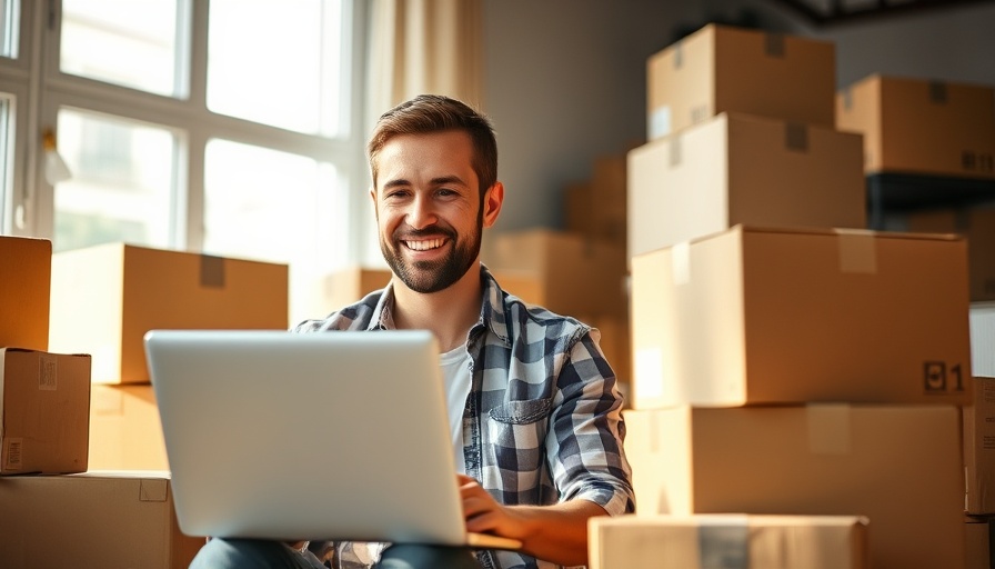 Smiling man working on laptop amidst moving boxes for local SEO for moving companies.