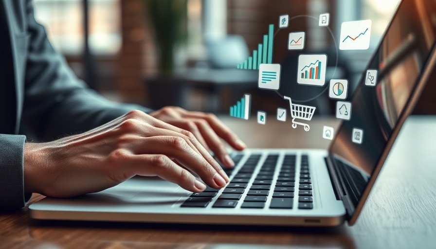 Hands typing on laptop with digital icons for B2B buyer digital experience.
