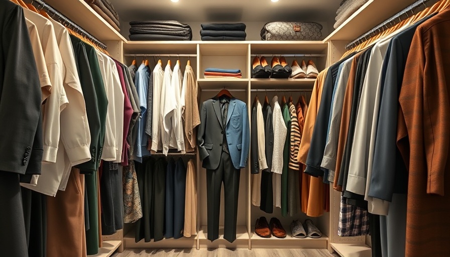 Organized clothing closet with business and casual attire.