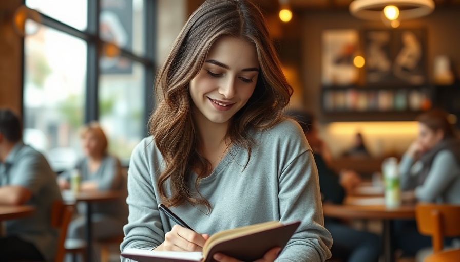 Young woman writing in a cafe with warm lighting, meeting Google News criteria.