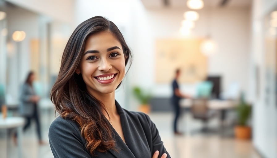 Confident woman in office, AI empowers small businesses.