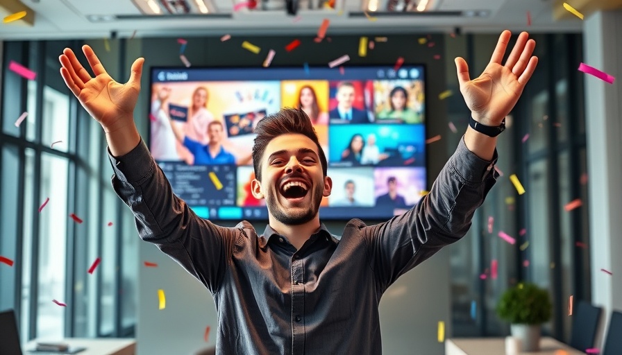Young man celebrating Google Passage Ranking success in tech setting.