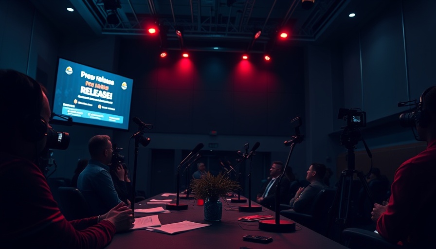 Press conference setup with microphones and screens in a modern room.