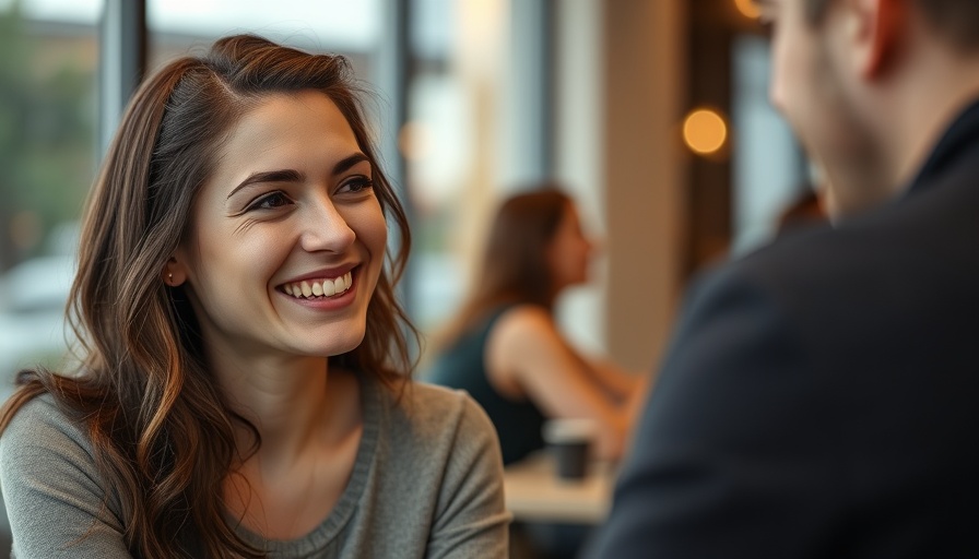 Young woman smiling casually in cafe setting, warm lighting.
