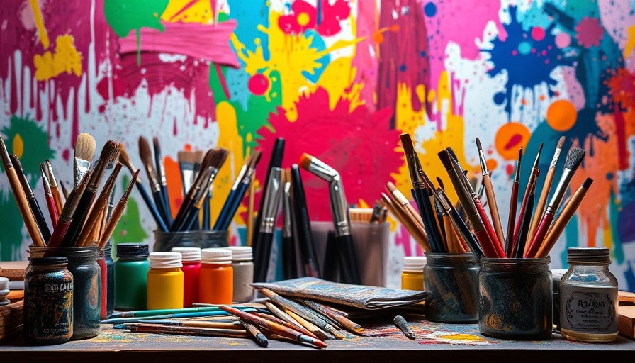 Colorful artist workspace with paints and brushes, vibrant abstract backdrop.