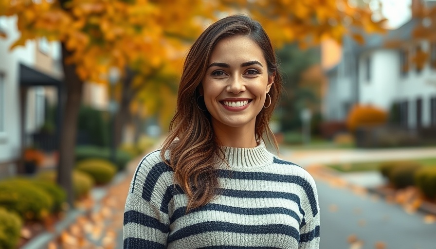 Smiling woman in autumn street, digital marketing visionary