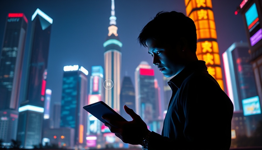 Futuristic cityscape with digital marketing elements.