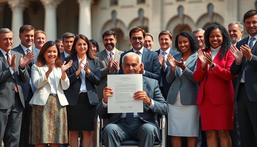Diverse group applauding a formal document signing outdoors.