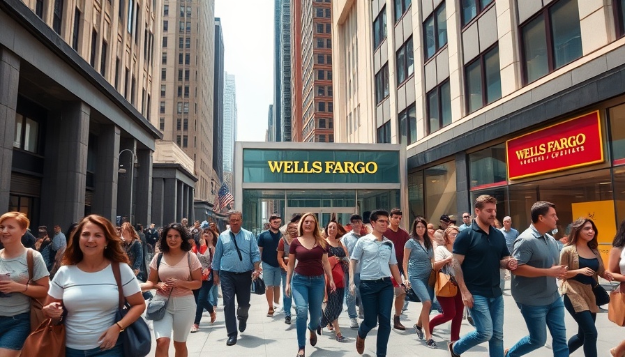 Urban street scene outside Wells Fargo, capturing diverse foot traffic.