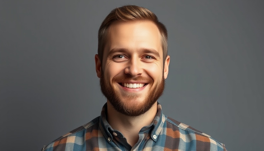 Portrait of a smiling man with plaid shirt in soft lighting.