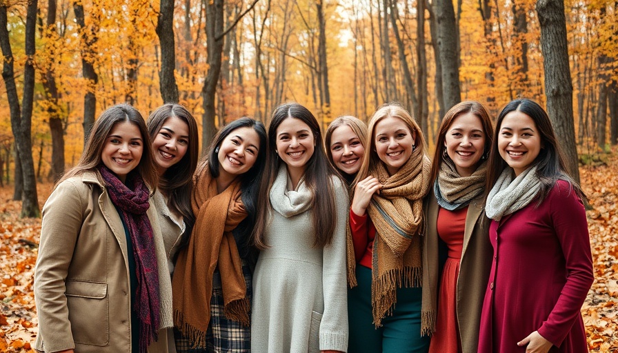 Women-led digital marketing agency team posing in forest setting.