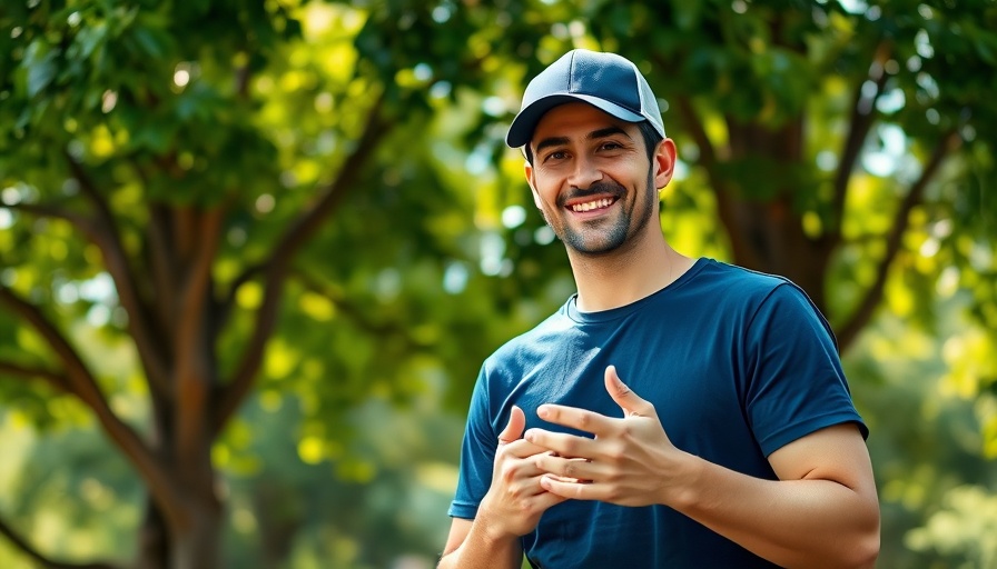 Man in blue t-shirt standing outdoors in Ghana, smiling under trees in daylight.