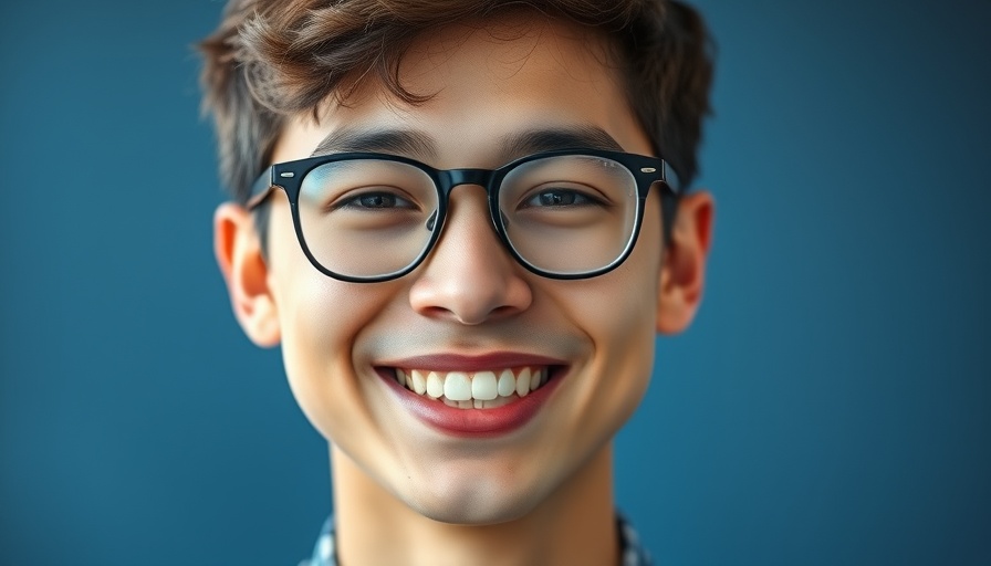 Portrait of a smiling young man with glasses, blue background.