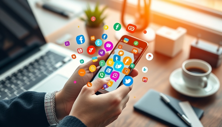 Social media icons around a smartphone in an office setting highlighting social media marketing trends.