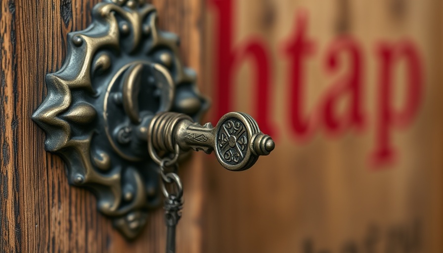 Vintage key in ornate lock with 'haptap' text on wall