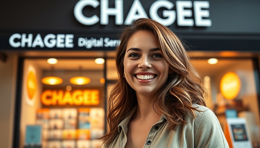 Smiling woman in front of CHAGEE store, digital marketing.
