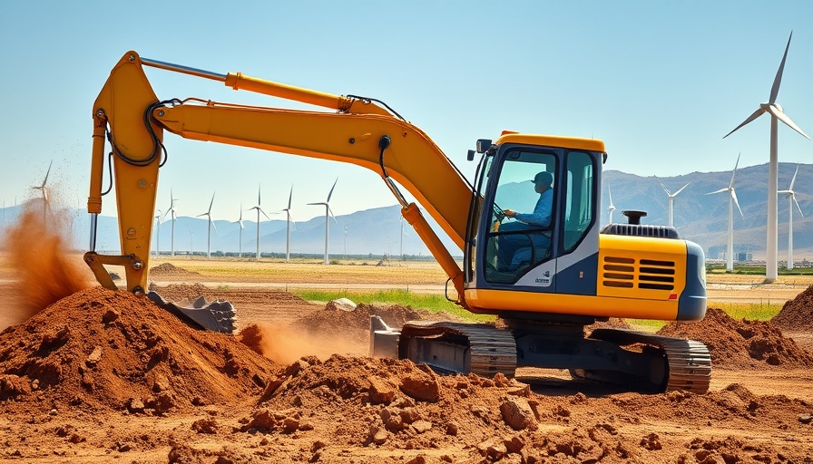 Excavator operating in rural area with wind turbines and mountains