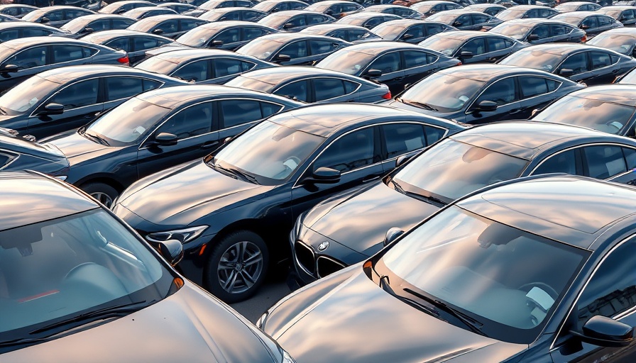 Modern American cars parked in Japan, rows of sleek vehicles.