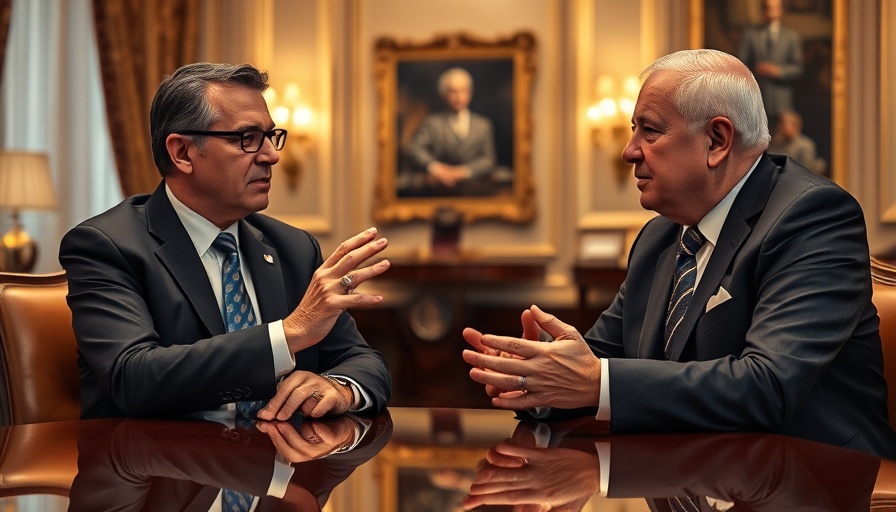 Private equity discussion at a conference with two men in suits.