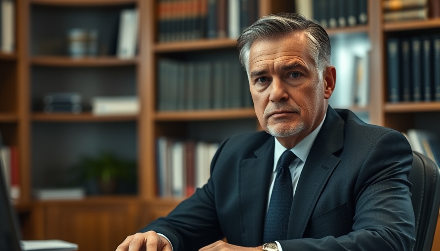 Middle-aged man in an office setting, serious expression.