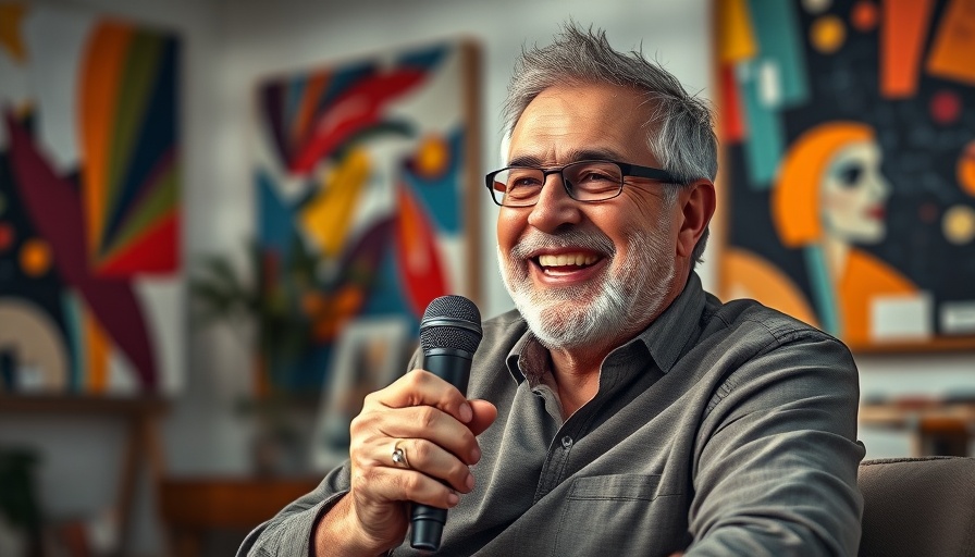 Smiling man in artistic setting holding microphone, Curiosity in Digital Marketing.