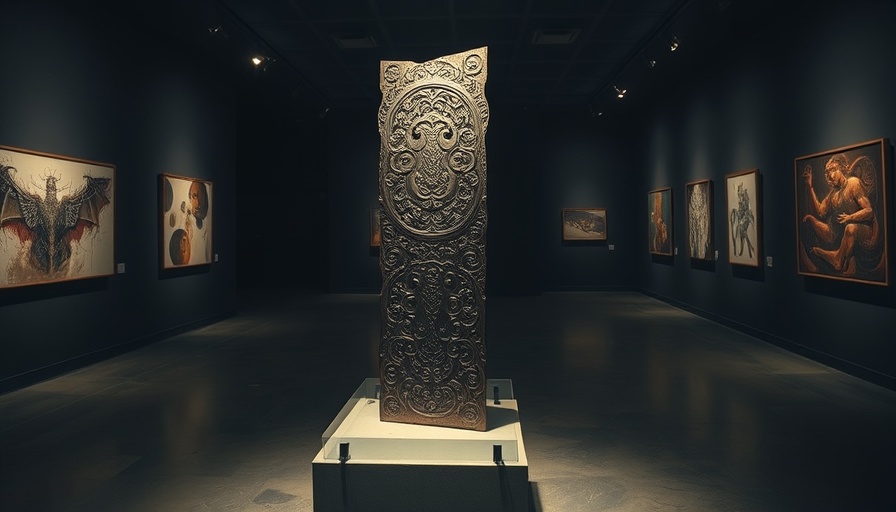 Mysterious metallic sculpture in a dimly lit gallery.