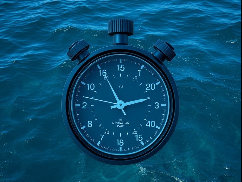 Blue ocean with an analog stopwatch timer overlay, symbolizing time and tranquility.