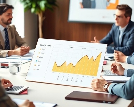 Confident marketer showcasing impressive results in a dynamic meeting