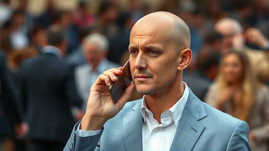 Bald man in a blue suit on phone at an outdoor event, discussing immigration reform.
