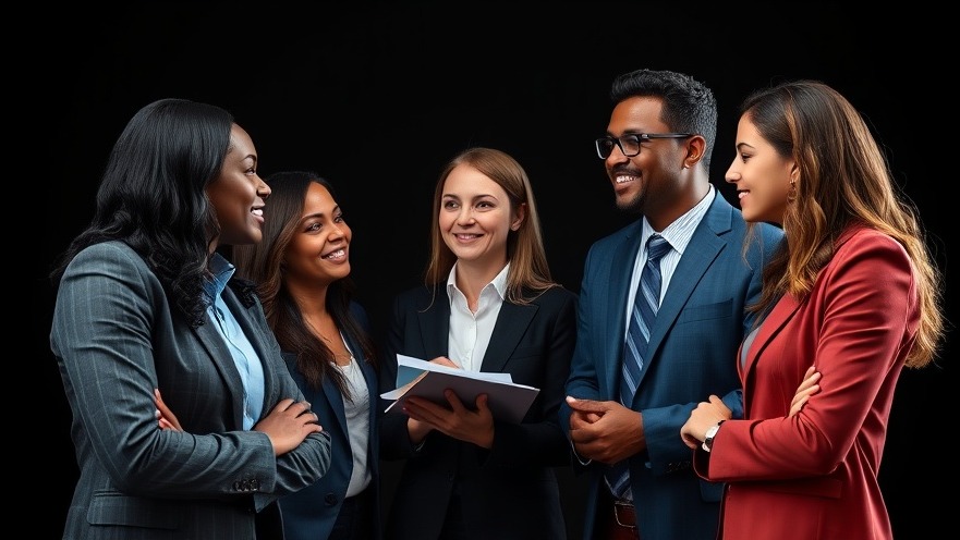Confident diverse professional discussing client acquisition for law firms