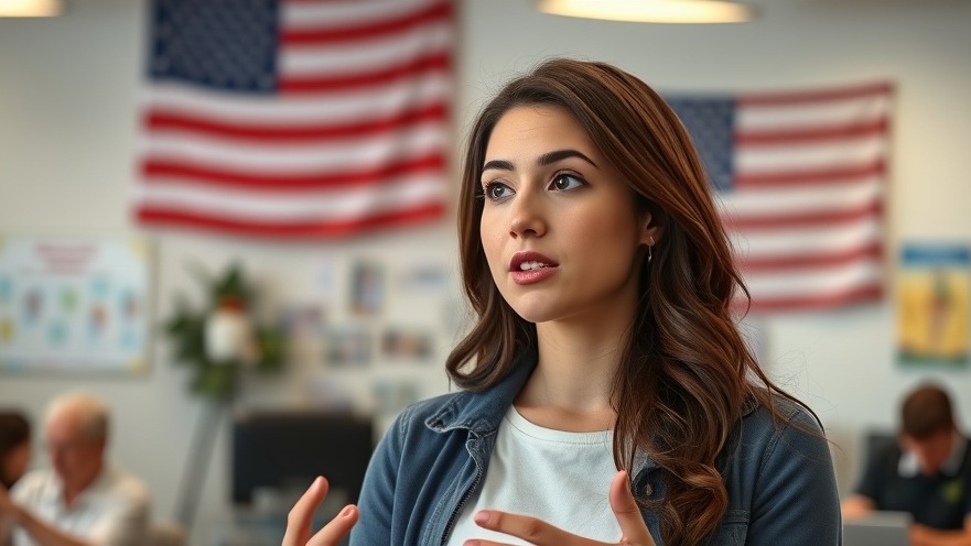 Young woman discussing immigration policies with an American flag backdrop.
