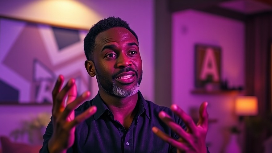 Professional man discussing AI tools for lawyers in vibrant, warm lighting.