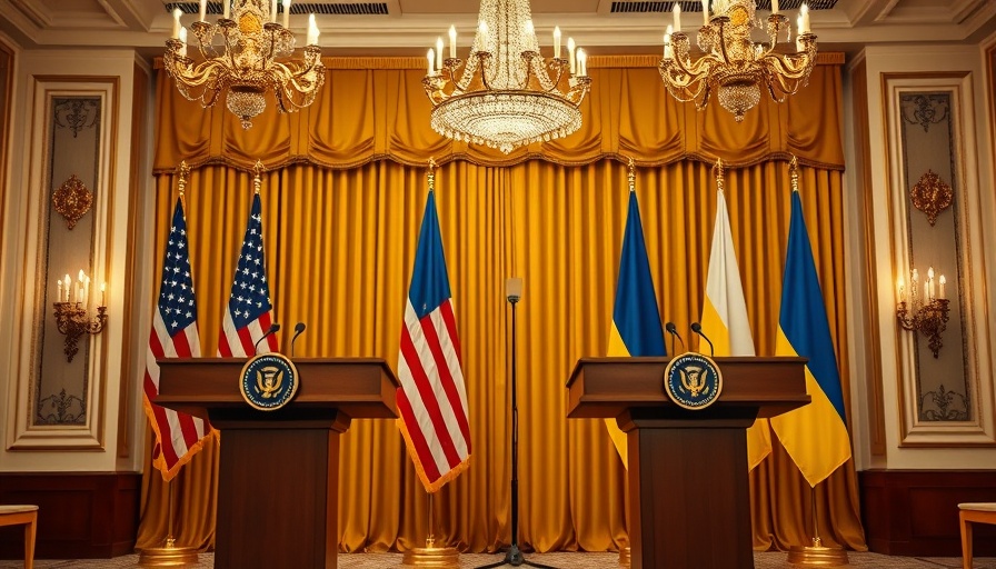 Empty podiums with US and Ukrainian flags in a conference room.
