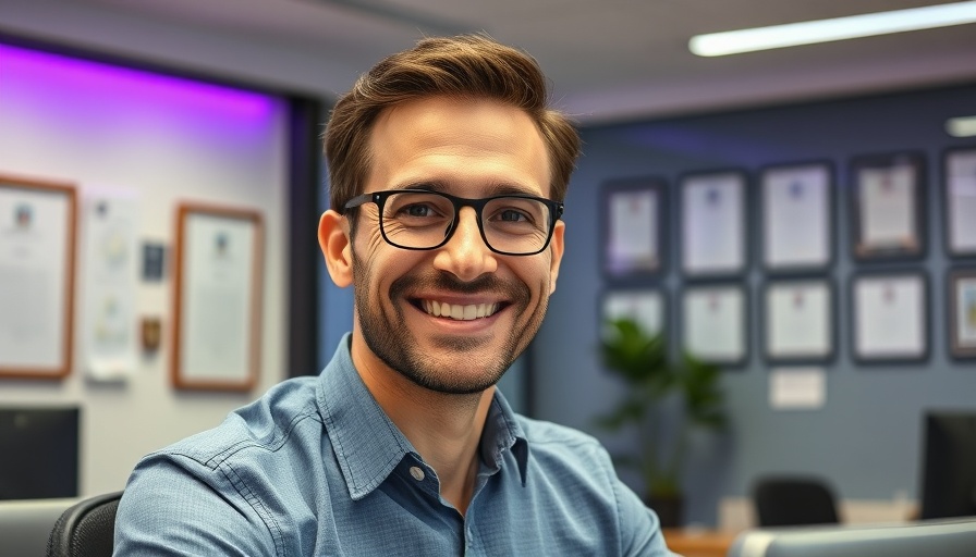 Man training AI agent in office with awards, custom AI agents for law firms.