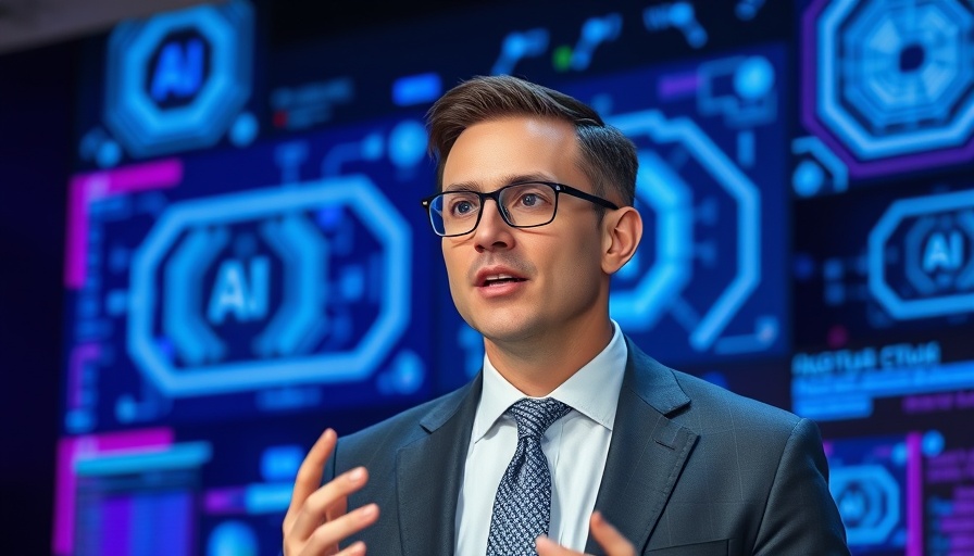AI Advantage for Law Firms: Confident speaker with AI backdrop.