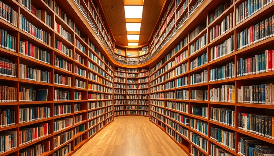Colorful books on curved library shelves, evoking calm.