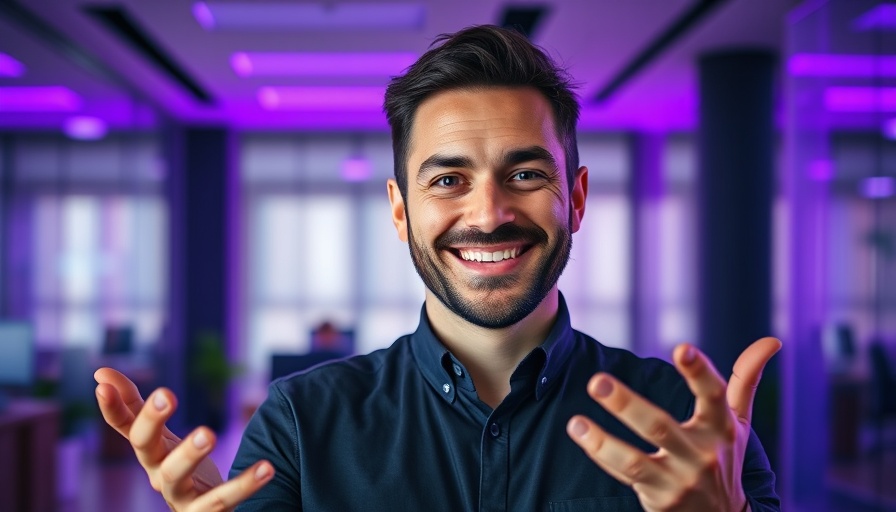 Confident speaker in a modern office with text overlay, discussing Seven-Figure Law Firm.