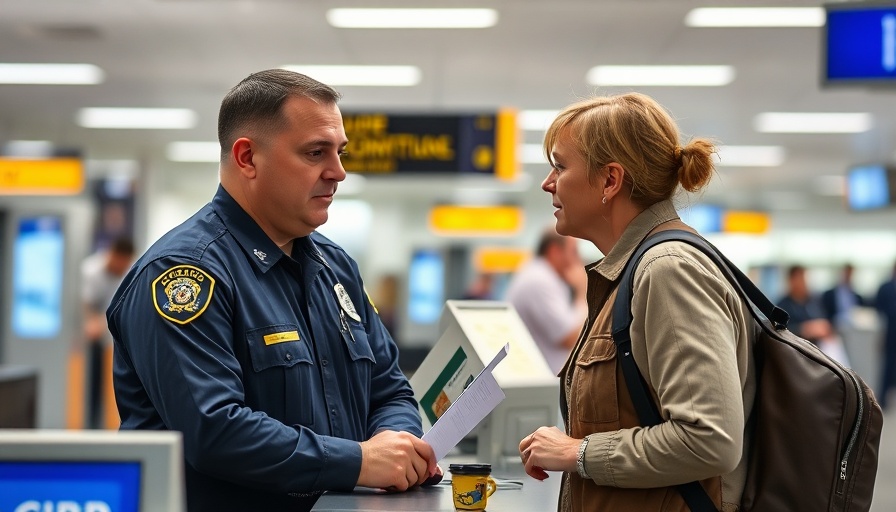 CBP officer discussing authority with green card holder at airport checkpoint.