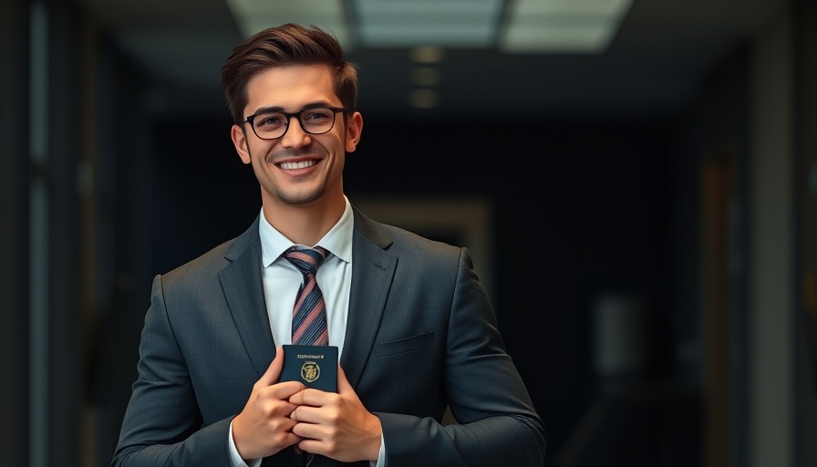 Confident young man with text 'Gold Card Update!' in a professional setting.