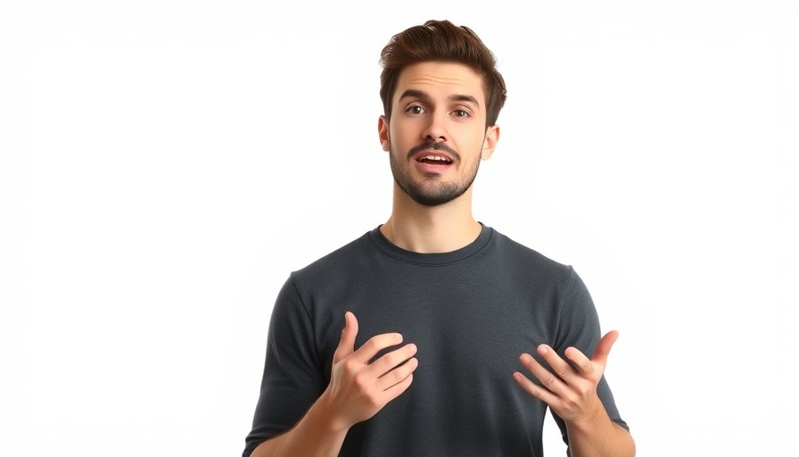 Young man discussing green card status and prolonged travel, neutral background.