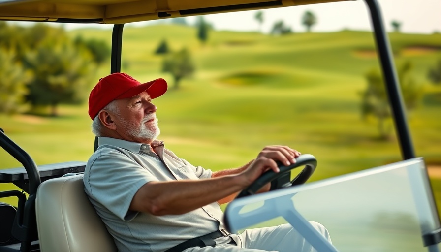 Man in golf cart wearing red cap, golf course scene, photorealistic.