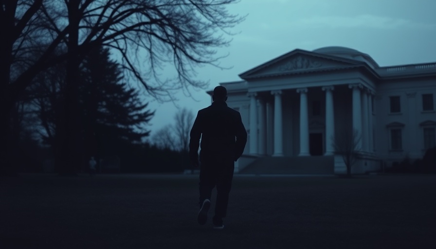 Silhouette of person reflecting on U.S. economic order near neoclassical building.