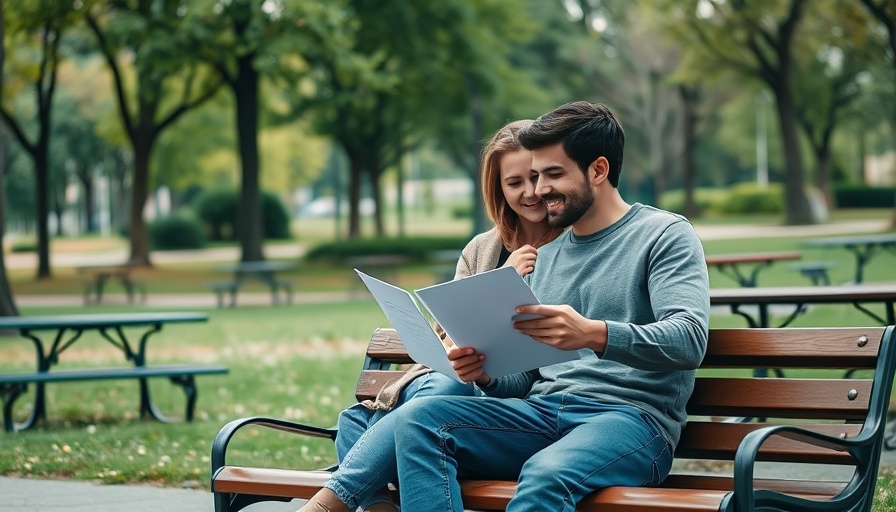 Young couple discussing required documents for marriage interviews, outdoor park setting.