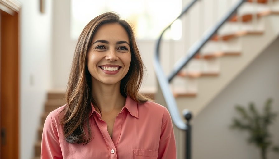 Smiling woman happily sharing positive news indoors.