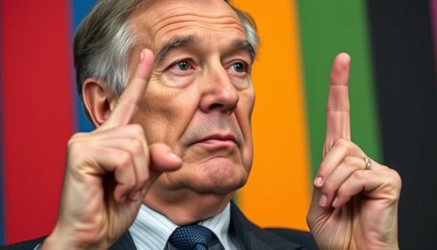 Close-up of a man gesturing with a finger against a colorful background.