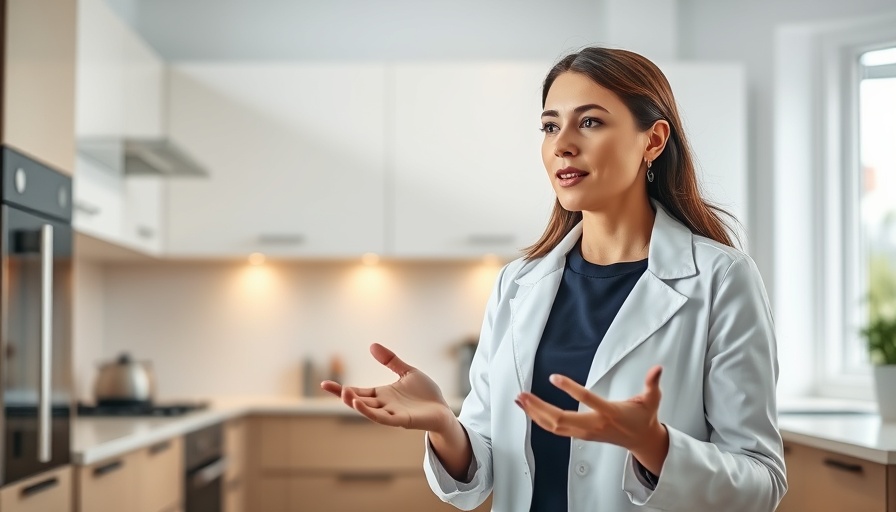 Professional woman explaining noncitizen address update requirement in kitchen.