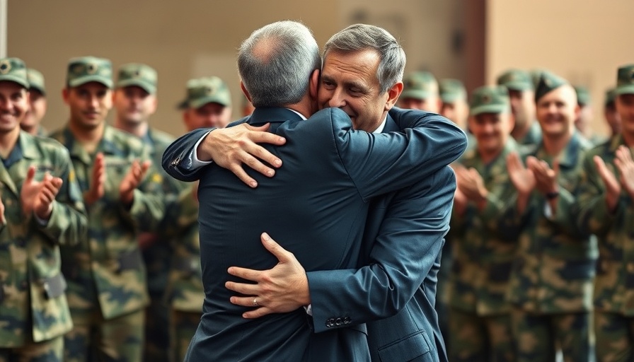 Military setting with supportive embrace amid soldiers.