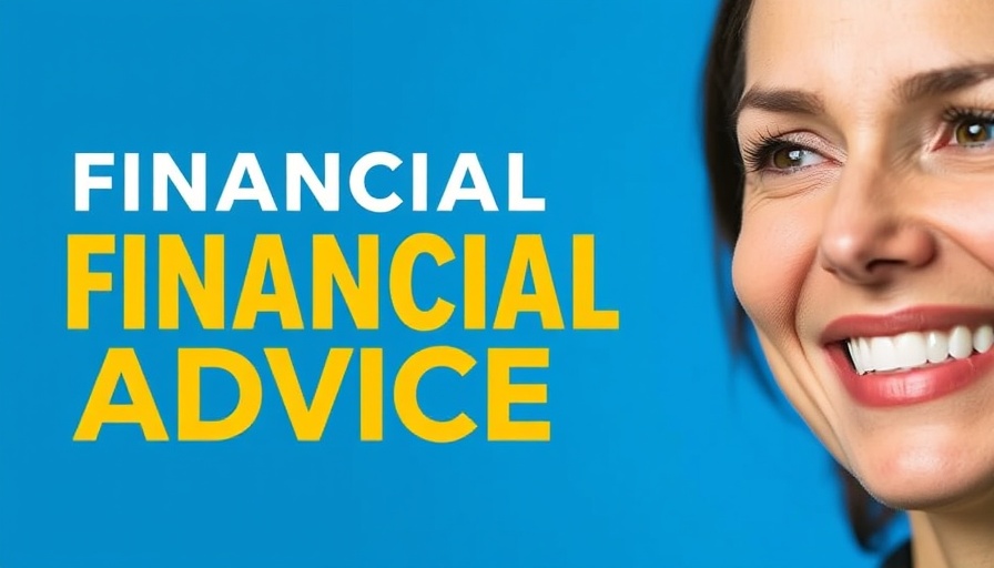 Confident woman next to financial advice text in business setting.